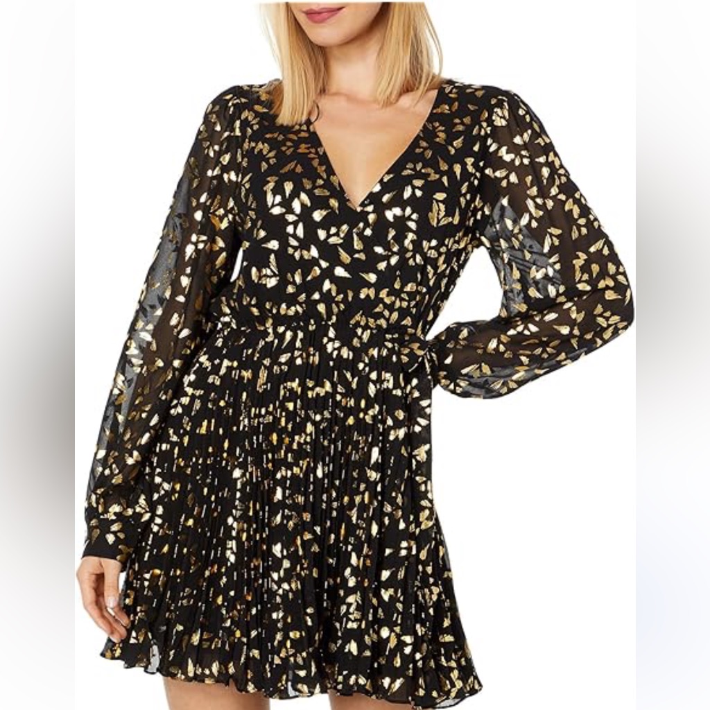 Nwt A Loves A Silk Metallic Gold/Black Long Sleeve Babydoll Layered Dress Small